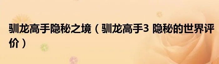 驯龙高手隐秘之境（驯龙高手3 隐秘的世界评价）
