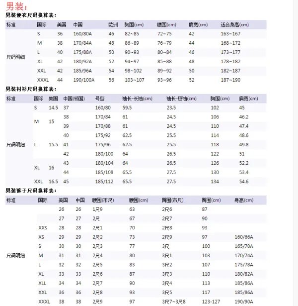 欧洲尺码和中国尺码对照表
