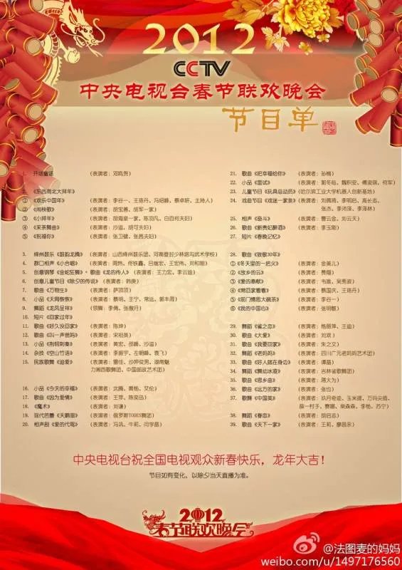 2012年央视春晚的节目名单是什么?